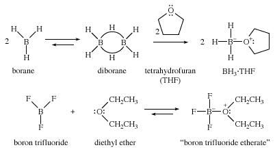 Точно так же газообразный   трифторид бора   (BF3) легче использовать в качестве жидкого комплекса с диэтиловым эфиром, называемого эфират BF3, чем в качестве токсичного коррозийного газа